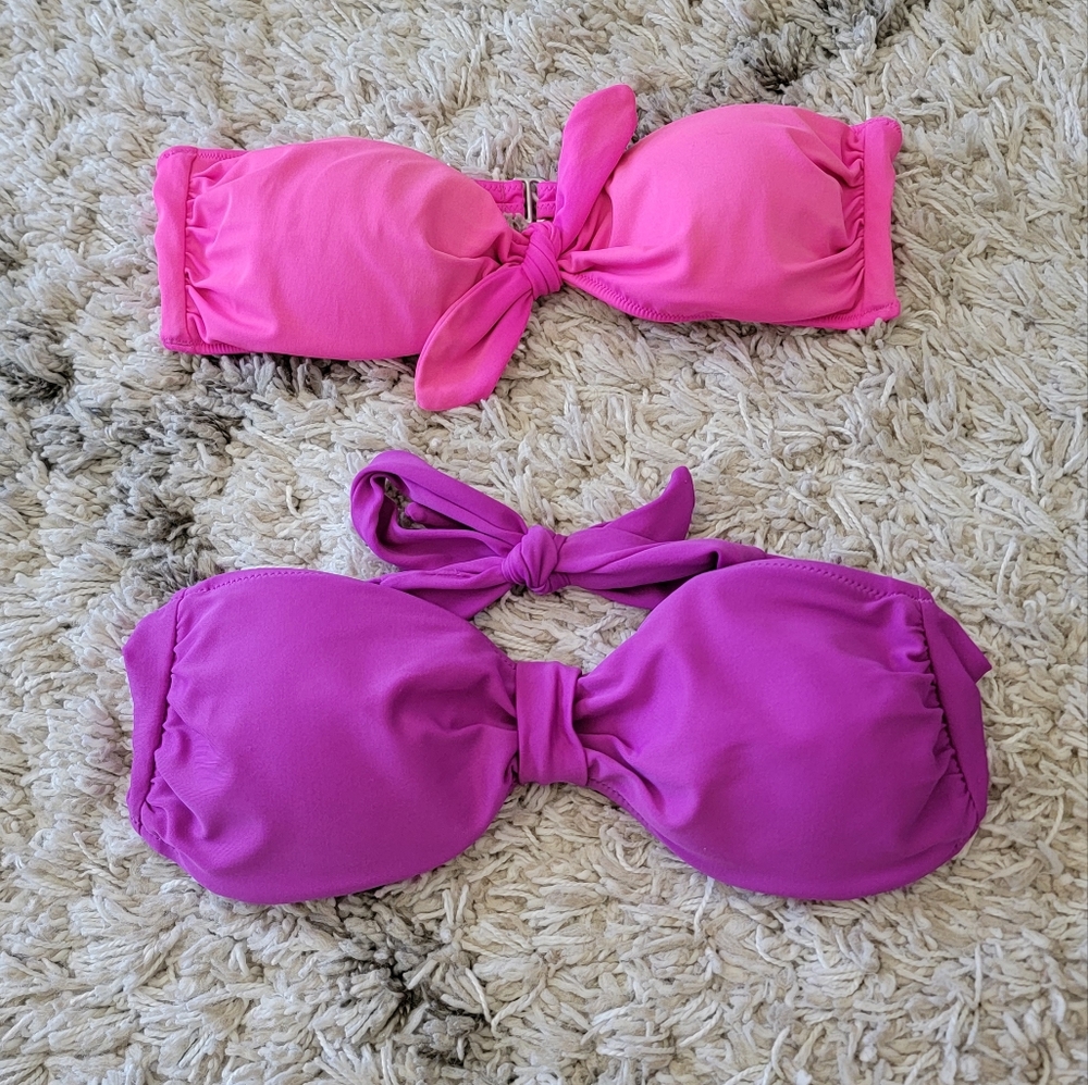 2 size Medium bandeau strapless bikini tops purple Aerie, pink Victoria's Secret